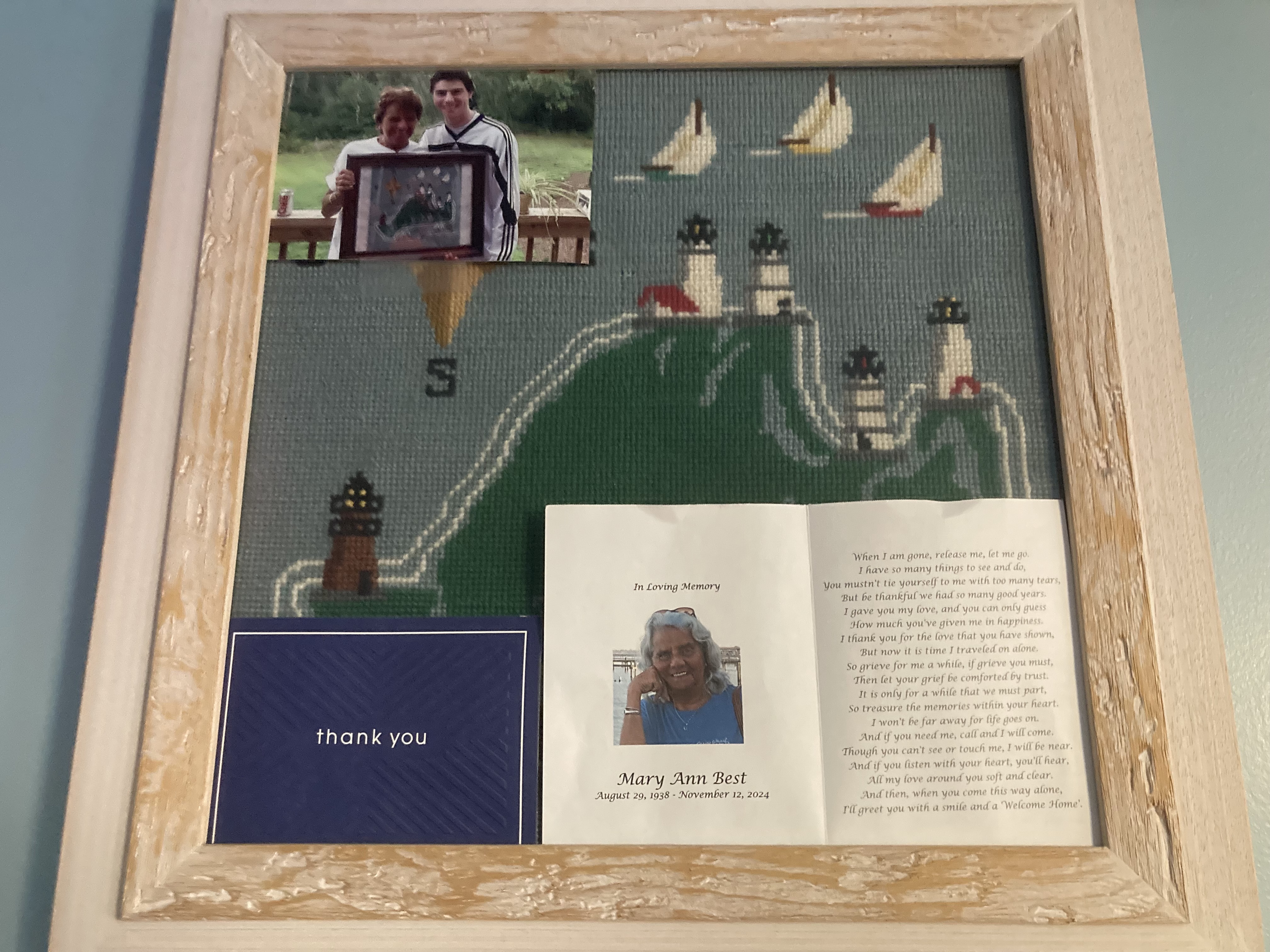 Memorial shadowbox for Mary Ann Best with her Cape Cod needlepoint